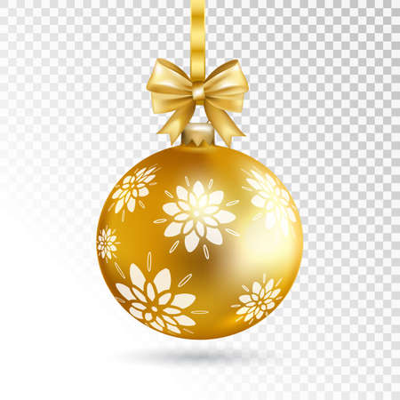 Gold Christmas ball with bow and decorative pattern isolated on transparent background. Holiday christmas toy for fir tree. Vector illustration.のイラスト素材