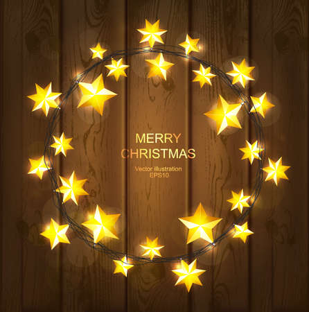 Christmas stars garland on wood texture background. Vector illustration.のイラスト素材