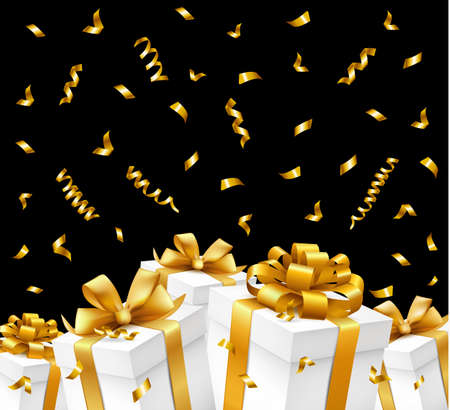 Gift boxes with gold ribbons and serpentine isolated on black background. Vector illustration.のイラスト素材
