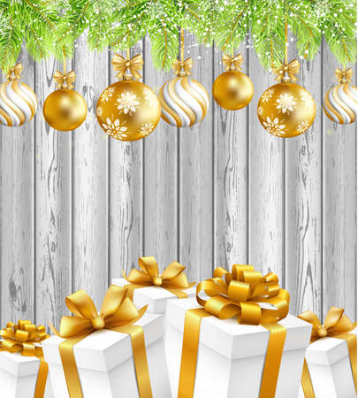 Christmas greeting illustration with Christmas balls, gift boxes and fir-tree. Vector illustration.のイラスト素材