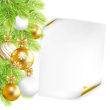Merry Christmas background with paper, gold, white balls and fir-tree. Vector illustration.のイラスト素材