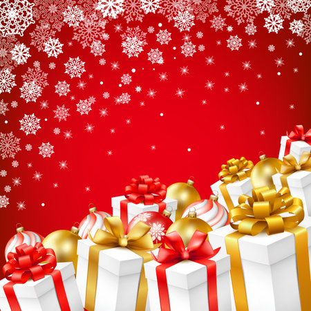 Christmas gift boxes with gold, red ribbons and christmas balls and snow. Vector illustration.のイラスト素材