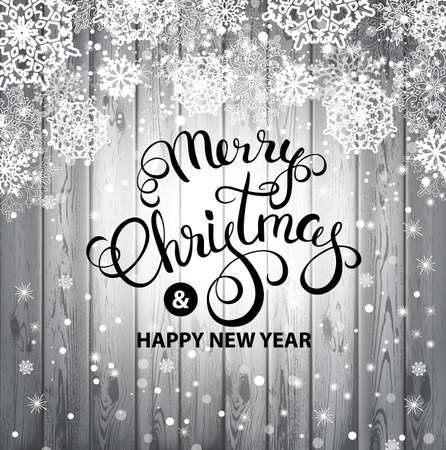 Merry Christmas and Happy New Year greeting card with snowflakes and wood. Merry Christmas calligraphy. Vector illustration.のイラスト素材