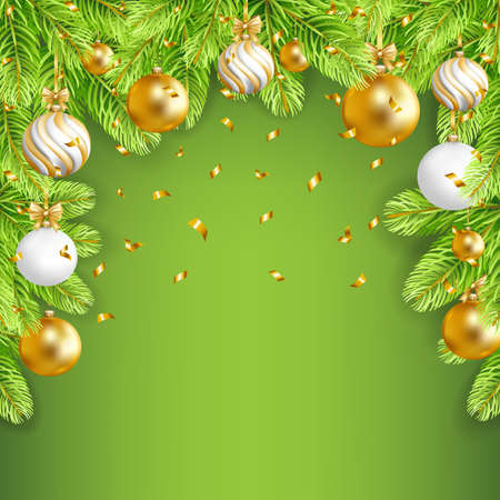 Merry Christmas green background with gold, white balls, confetti and fir-tree. Vector illustration.のイラスト素材