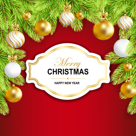 Merry Christmas and Happy New Year card with gold, white balls and fir-tree. Vector illustration.のイラスト素材