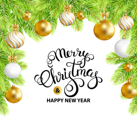 Merry Christmas and Happy New Year card with gold, white balls and fir-tree. Merry Christmas calligraphy. Vector illustration.のイラスト素材