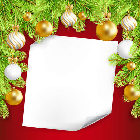 Merry Christmas background with paper, gold, white balls and fir-tree. Vector illustration.のイラスト素材