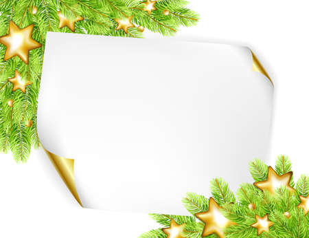 Christmas background with sheet of paper, gold, stars and fir-tree isolated on white background. Vector illustration.のイラスト素材