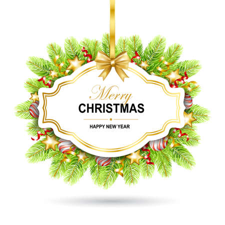Merry Christmas frame with gold ribbon, stars, balls and fir-tree isolated on white background. Vector illustration.のイラスト素材