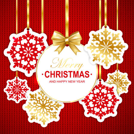 Merry Christmas and Happy New Year round banner with gold bow and snowflakes on knitted texture background. Vector illustration.のイラスト素材