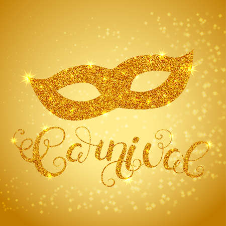 Carnival gold glitter texture mask and calligraphy lettering. Greeting card design template. Vector Illustration.のイラスト素材
