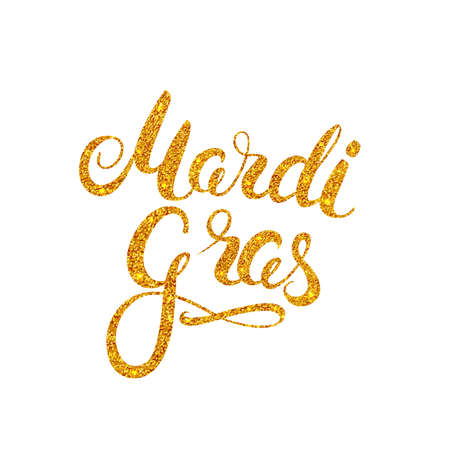 Mardi Gras gold glitter texture calligraphy lettering. Holiday greeting card design template. Vector Illustration.のイラスト素材