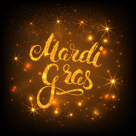 Mardi Gras gold glitter texture calligraphy lettering. Holiday greeting card design template. Vector Illustration.のイラスト素材