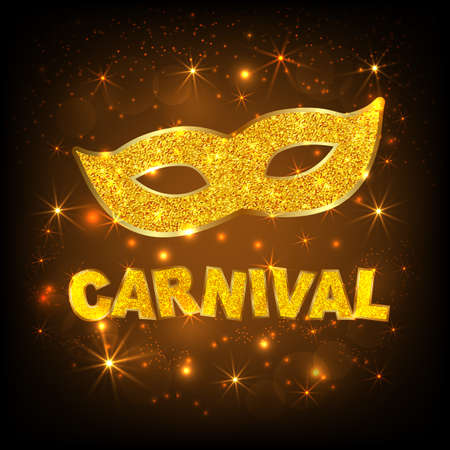 Carnival gold glitter texture mask and font. Greeting card design template. Vector Illustration.のイラスト素材