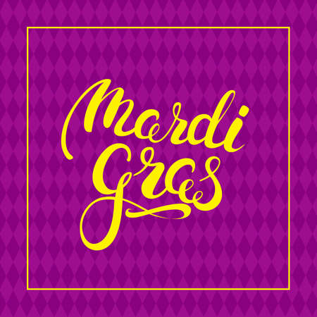 Carnival yellow callygraphy on harlequin pattern background. Mardi Gras holiday card design template. Vector Illustration.のイラスト素材
