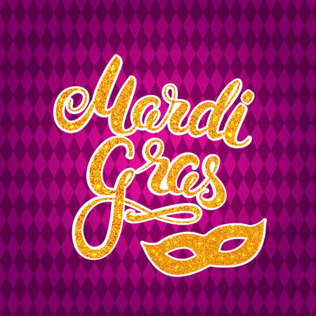 Carnival gold glitter texture mask and callygraphy. Mardi Gras holiday card design template. Vector Illustration.のイラスト素材