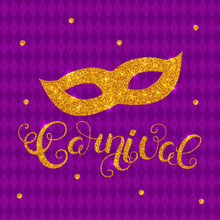 Carnival gold glitter texture mask and callygraphy. Mardi Gras holiday card design template. Vector Illustration.のイラスト素材