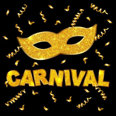 Carnival gold glitter texture mask and serpentine. Mardi Gras holiday card design template. Vector Illustration.のイラスト素材