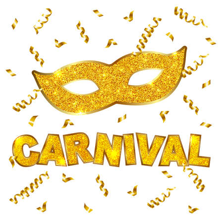 Carnival gold glitter texture mask and serpentine. Mardi Gras holiday card design template. Vector Illustration.のイラスト素材