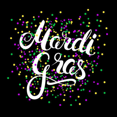 Mardi Gras sign on colorful confetti background. Hand calligraphy lettering. Vector Illustration.のイラスト素材