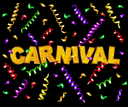 Carnival gold glitter texture font with colorful serpentine. Mardi Gras holiday card design template. Vector Illustration.のイラスト素材