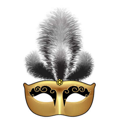 Golden mask with black feathers isolated on white background. Mardi Gras or Venetian masquerade festival. Vector Illustration.のイラスト素材
