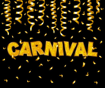 Carnival  type gold glitter texture with serpentine and confetti isolated on black background. Vector illustration.のイラスト素材