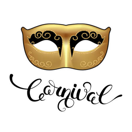 Golden mask with black callygraphy. Carnival text for Mardi Gras or Venetian masquerade festival. Vector Illustration.のイラスト素材