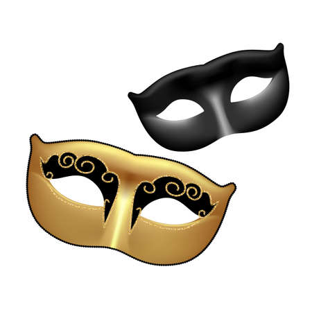 Golden and black masks isolated on white background. Template for Mardi Gras or Venetian masquerade festival. Vector Illustration.のイラスト素材