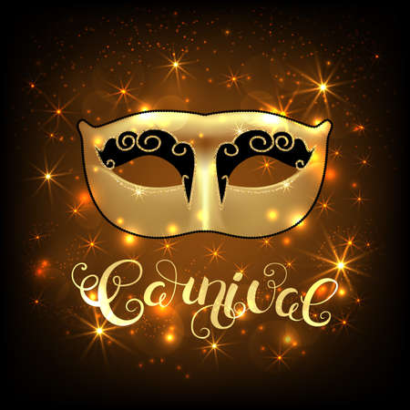 Golden mask with callygraphy on star lights background. Carnival text for Mardi Gras or Venetian masquerade festival. Vector Illustration.のイラスト素材