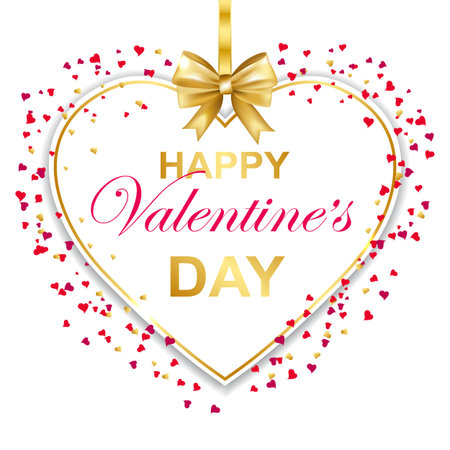 Happy Valentines day greeting card with heart frame and gold bow. Handwritten callygraphy lettering. Vector illustration.のイラスト素材