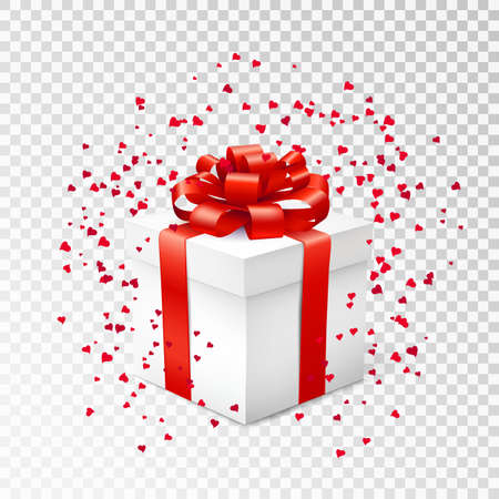 Happy Valentines day greeting template with hearts confetti and gift box on transparent background. Vector illustration.のイラスト素材