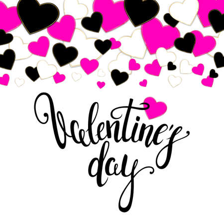 Happy valentines day handwritten calligraphy with hearts background. Vector illustration.のイラスト素材