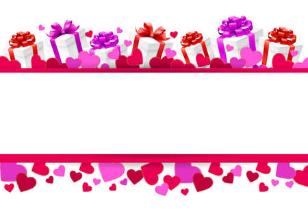 Happy Valentine's day greeting card template with paper hearts and gift boxes. Vector illustration.のイラスト素材