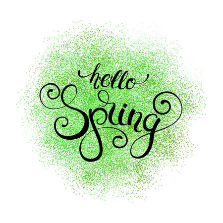 Hello spring handwritten calligraphy lettering on green glitter splash. Vector illustration.のイラスト素材