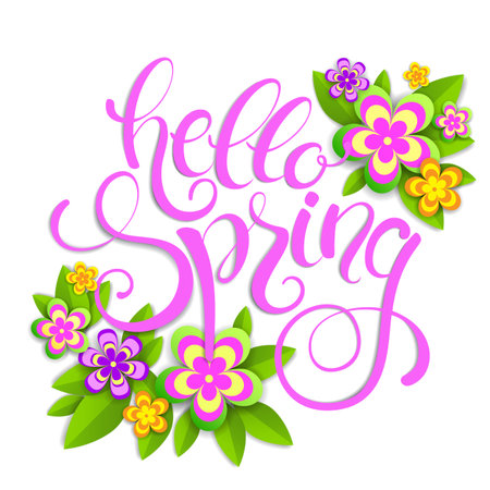 Hello spring handwritten calligraphy lettering with colorful paper flowers and leaves. Vector illustration.のイラスト素材