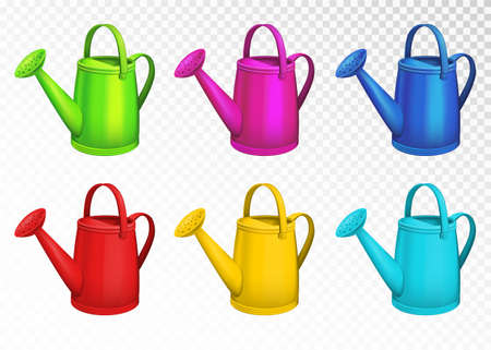 Colorful watering cans set isolated on transparent background. Vector illustration.のイラスト素材