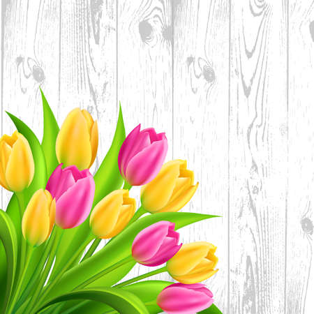 Spring background with colorful tulips bouquet on wood background. Vector illustration.のイラスト素材