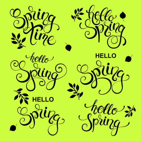 Hello spring and Spring time handwritten calligraphy lettering set isolated on green background.  Vector illustration.のイラスト素材