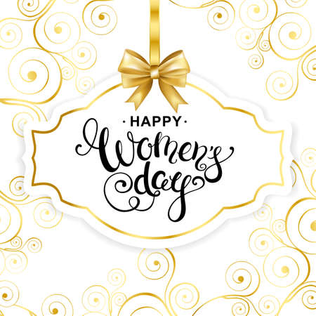 Happy women's day calligraphy lettering on frame with gold bow and swirl pattern background. 8 march card template. Vector illustration.のイラスト素材