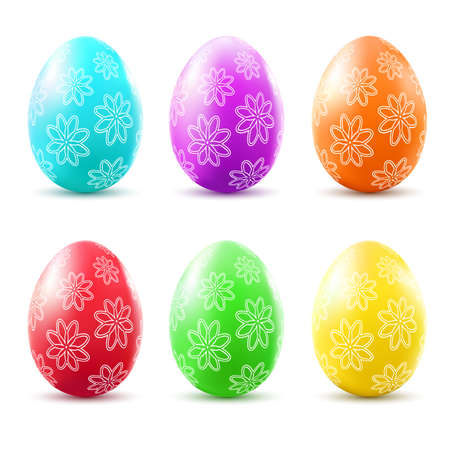 Colorful easter eggs with flower pattern isolated on white background. Vector illustration.のイラスト素材