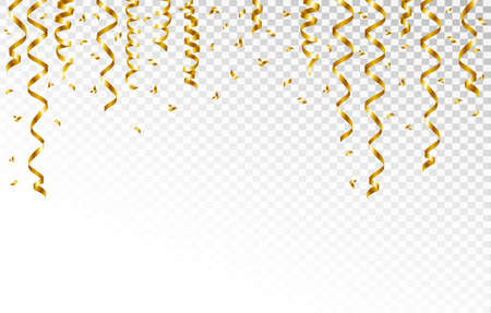 Gold serpentine and confetti isolated on transparent background. Vector illustration.のイラスト素材