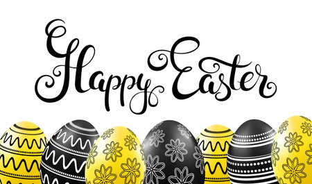 Happy easter card with black and yellow eggs with pattern. Handwritten calligraphy lettering. Vector illustration.のイラスト素材