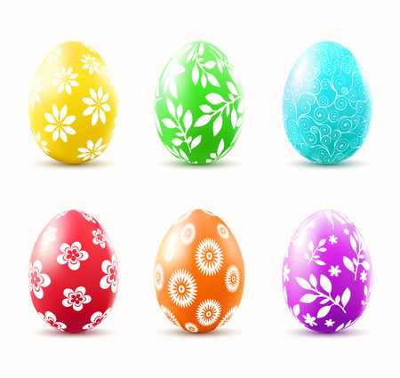 Colorful easter eggs with floral pattern isolated on white background. Vector illustration.のイラスト素材