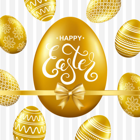 Happy easter card with gold eggs, bow and handwritten calligraphy lettering. Vector illustration.のイラスト素材