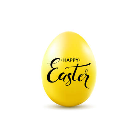 Happy Easter handwritten calligraphy lettering on yellow egg isolated on white background. Vector illustration.のイラスト素材