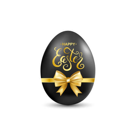 Black egg with gold bow and handwritten calligraphy lettering isolated on white background. Vector illustration.のイラスト素材