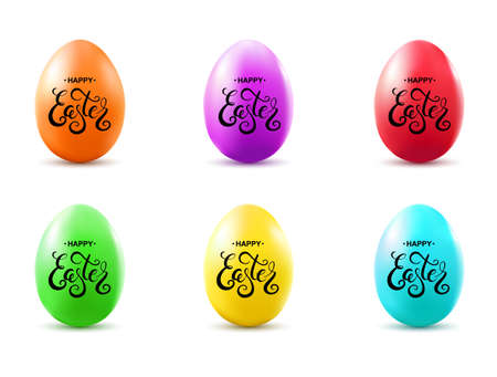 Happy Easter handwritten calligraphy lettering on colorful eggs set isolated on white background. Vector illustration.のイラスト素材
