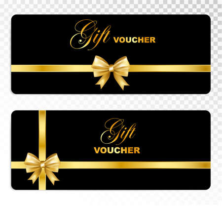 Black gift voucher with gold bow isolated on transparent background. Holiday card template set. Vector illustration.のイラスト素材