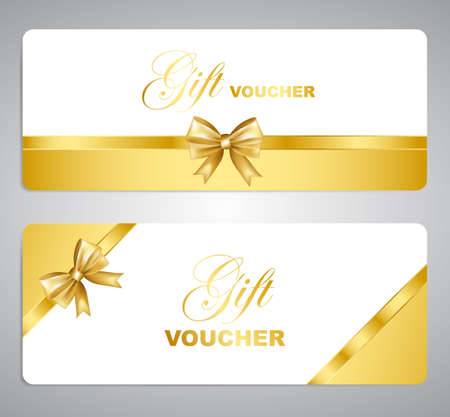 Gift voucher with gold bow and border. Holiday card template set. Vector illustration.のイラスト素材